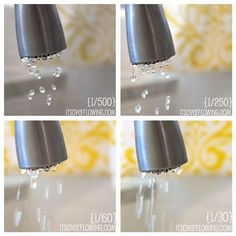 four different shots of water coming out of a faucet