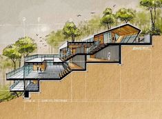 an architectural drawing of a house with stairs leading up to the upper floor and second story