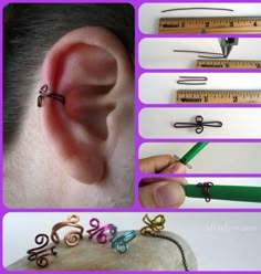 there are many different images of ear piercings and tools in the picture, including scissors, tape measure ruler, thread, and other items