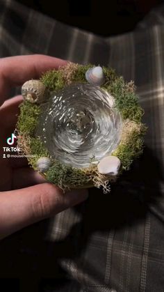 a hand holding a small glass bowl with moss and shells in the center on a plaid shirt