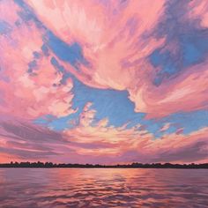 an oil painting of the sky and clouds over water at sunset or sunrise with pink, blue and purple hues