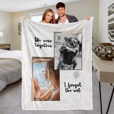 a man and woman holding up a white blanket with photos on it that says we are together