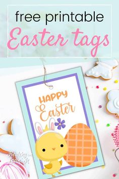 an easter card with the words free printable easter tags on it and decorated cookies