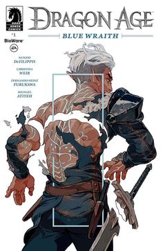 the cover to dragon age blue wrath, with an image of a man holding two swords