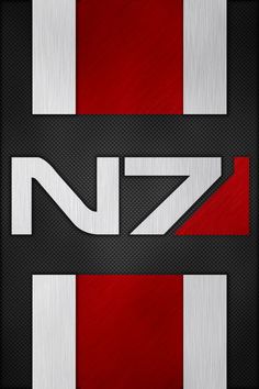 the n7 logo on a red and black background with silver strips in the center