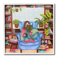 a painting of a woman sitting on a blue chair in front of a bookshelf