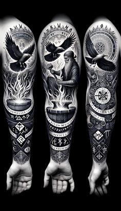 three different tattoos on both arms and legs, one with an eagle in the center