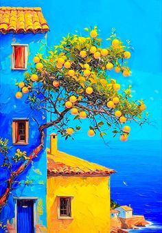 a painting of an orange tree in front of a blue building with yellow doors and windows