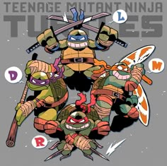 the teenage mutant ninjas are depicted in this graphic art work, which includes two turtles with