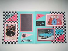 an open scrapbook with pictures of people and cars on the pages, all in black and white checkered paper