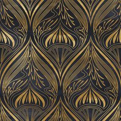 an art deco wallpaper with gold and black designs on the back, along with dark blue background