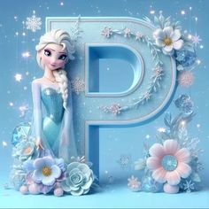 the letter p is made up of flowers and frozen princesses, with an icy blue background