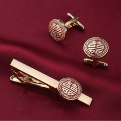 Elevate your wedding attire with our exquisite double Happiness cufflinks and Tie Clip - perfect for the groom and his best man. Embrace tradition and bring some luck to your special day with these luxurious accessories. Elegant Red Cufflinks For Formal Occasions, Classic Red Cufflinks For Formal Occasions, Elegant Cufflinks With Gift Box For Father's Day, Elegant Cufflinks In Gift Box For Father's Day, Elegant Father's Day Cufflinks In Gift Box, Elegant Wedding Cufflinks, Elegant Cufflinks With Gift Box, Rose Gold Jewelry For Formal Occasions And Gifts, Elegant Formal Cufflinks