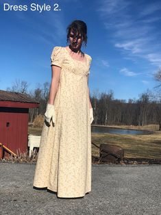 "Handmade Custom Regency Dress Inspired by 19th Century Author, Jane Austen.  Pattern sizes: Bust / Waist / Hip 10- 32.5\" / 25\" / 34.5\" 12- 34\" / 26.5\" / 36\" 14- 36\" / 28\" / 38\" 16- 38\" / 30\" / 40\" For a custom fitting, send the measurements for: Bust, Under-bust, from under-bust to floor, and bicep.  *Note: Pattern sizes do not equate US or UK dress sizes. Custom sleeves: Sleeves can be pleated or gathered. Gathered (as is on the green and white dress) or pleated (as is on the yello Regency Wedding Dress, Green And White Dress, Regency Wedding, Wedding Dress Plus Size, Macrame Dress, Regency Dress, Wedding Dresses Plus Size, Pride And Prejudice, Dresses Uk