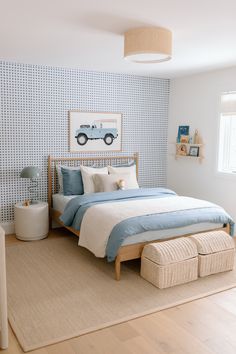 a bed room with a neatly made bed next to a window and a rug on the floor