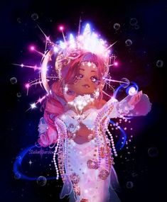 a woman in a white dress with pink hair and stars on her head, holding a wand