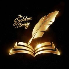 the golden story logo with an open book and quill on it, against a black background