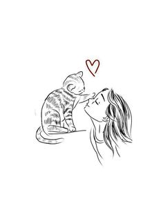 a drawing of a woman kissing a cat with a heart shaped balloon above her head