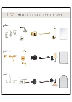 various types of bathroom fixtures including mirrors, sinks and faucets