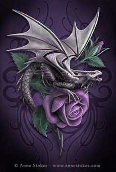 a dragon with purple roses on it's chest and wings flying over its head