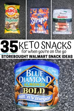 blue diamond snacks on the road with text overlay that reads 35 keto snacks for when you're on the go