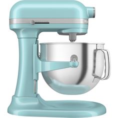 a light blue mixer with a metal bowl on it's side and the handle is pointing upward