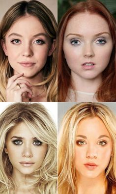 headshots of sydney sweeney, lily cole, ashley olsen, kaley cuoco, who have the ethereal dramatic ingenue style type Seasonal Color Analysis, Hair Tattoos, Style Muse, Aesthetic People, Dark Angel, Soft Summer, Color Analysis