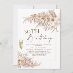 an elegant 30th birthday party with flowers and greenery on the front, in gold foil