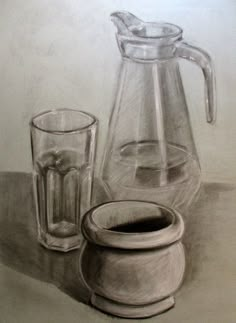 a drawing of a pitcher, glass and jug on a gray background with a shadow