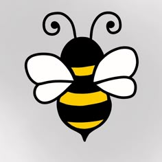 a black and yellow bee with swirls on it's back end, sitting in front of a gray background