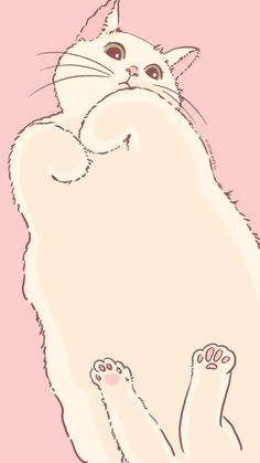 a drawing of a white cat sitting on its back with it's paw in the air