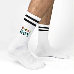 B-Day Boy digitally printed on the outside of white socks with black stripes and an easy to use gift box. Fun White Socks As A Gift, Fun White Socks As Gift, Our Birthday, Boys Socks, Bleach Product, Fun Socks, Box Making, No Show Socks, Birthday Surprise