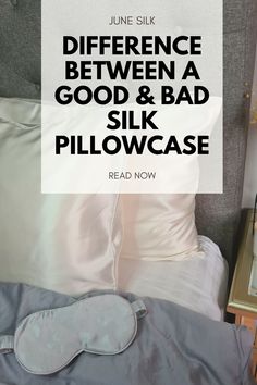 a bed with pillows and an eye mask on it, in front of a white sign that says differences between a good & bad pillow