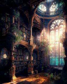 a room with many bookshelves filled with plants and windows that look like they are floating in the air