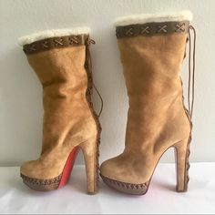 Reposhing This Item I Purchased From @Zoe212. Almost Brand New Still. Only Worn A Couple Times With Soleguard To Protect The Bottoms Questions? Leave A Comment Below! Designer High Heel Boots With Suede Lining, Louboutin Suede Boots, Timberland Ankle-high Boots With Reinforced Heel, Red Bottoms Boots Christian Louboutin, Christian Louboutin Thigh High Boots, Old Fashioned Words, Christian Louboutin Boots Brown, Timberland Heels, Tan Boots