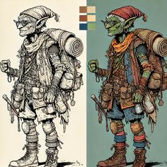 two different colored drawings of people in costumes