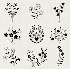 the different types of flowers are shown in black and white, with hearts on them