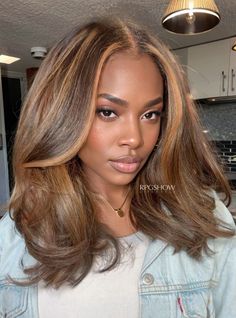 Chocolate Blonde Hair Balayage, Light Brown Hair For Black Women, Low Lights On Black Women, Color Black Women Hair, Highlights Relaxed Hair, Black Hair With Highlights Sew In, Natural Lace Front Wigs Black Women, Auburn Highlights For Black Hair, Black Natural Hair With Brown Highlights