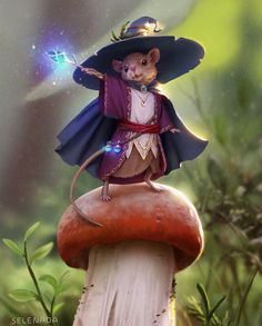 a painting of a mouse on top of a mushroom with a wizard's hat