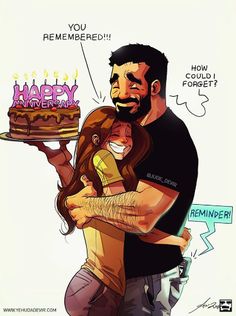 a man and woman hugging each other while holding a cake with the words happy birthday written on it