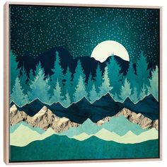 a night scene with mountains and trees in the foreground, framed on a wooden frame