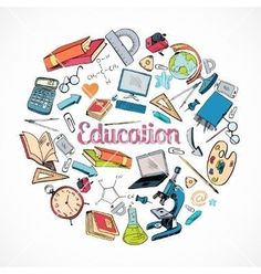 the word education is surrounded by school supplies and science related items in a circle on a white background