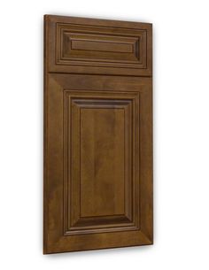 an unfinished cabinet door with the bottom panel painted in dark brown, on a white background