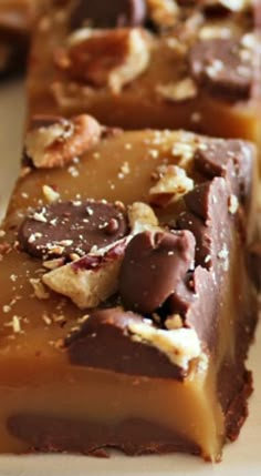 chocolate fudge bars with nuts and pecans on top, ready to be eaten