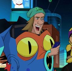 an animated character holding a cell phone next to another character in front of a cityscape