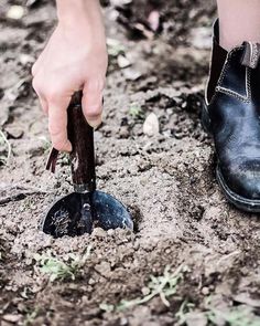 a person digging in the dirt with a shovel