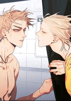 two anime characters, one with blonde hair and the other without his shirt is looking at each other