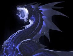 a blue dragon with its mouth open in the dark