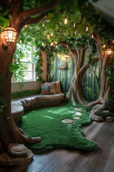 an indoor area with fake grass and trees on the walls, in front of a window