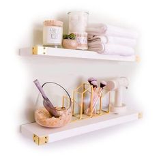 two white shelves filled with items on top of each other